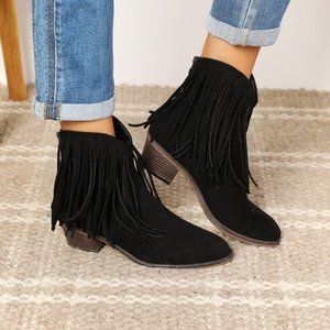 Fringe Cowboy Western Ankle Boots in Black